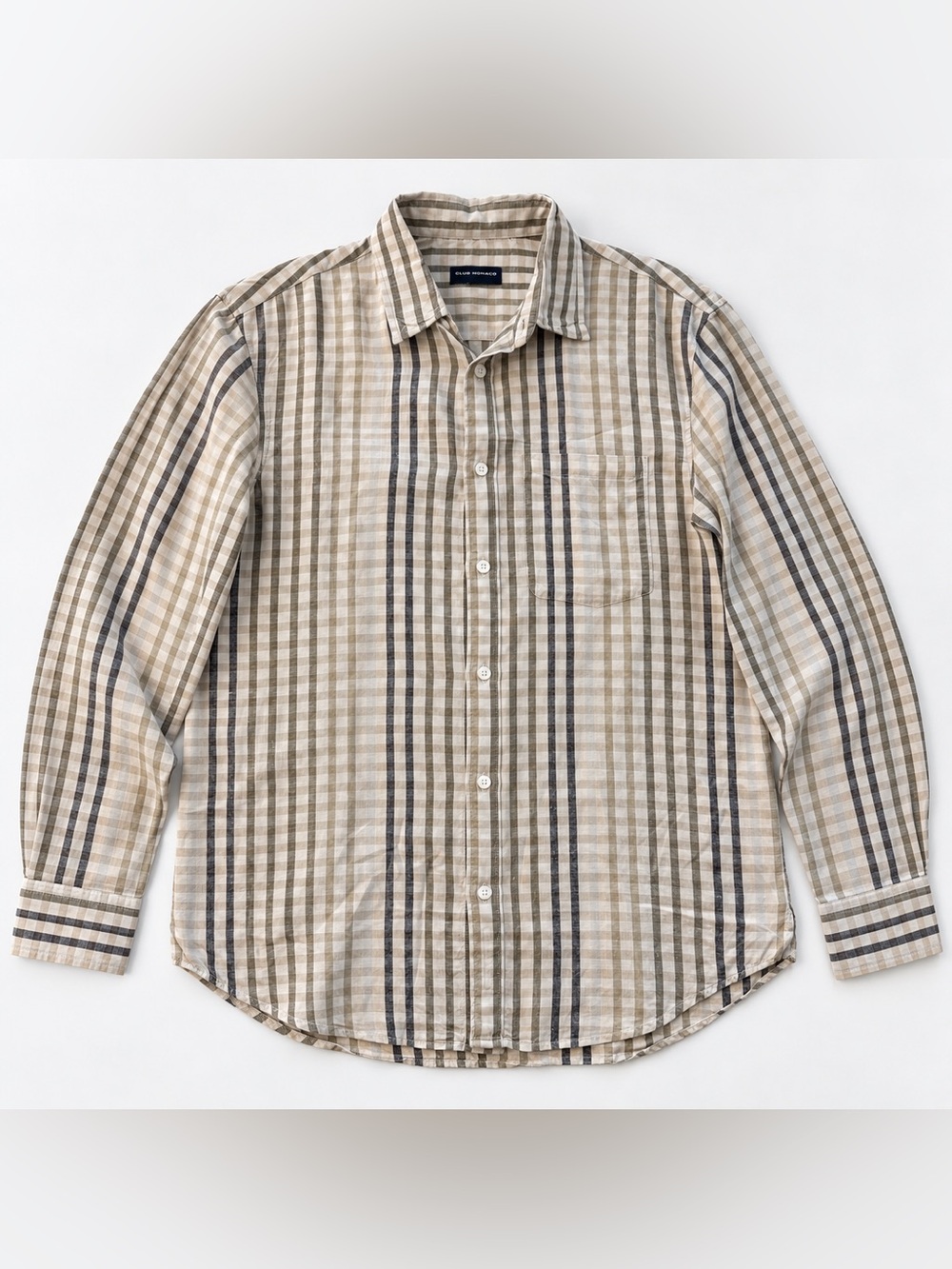 Club Monaco Men's Plaid Linen Long Sleeve Shirt Blue & White